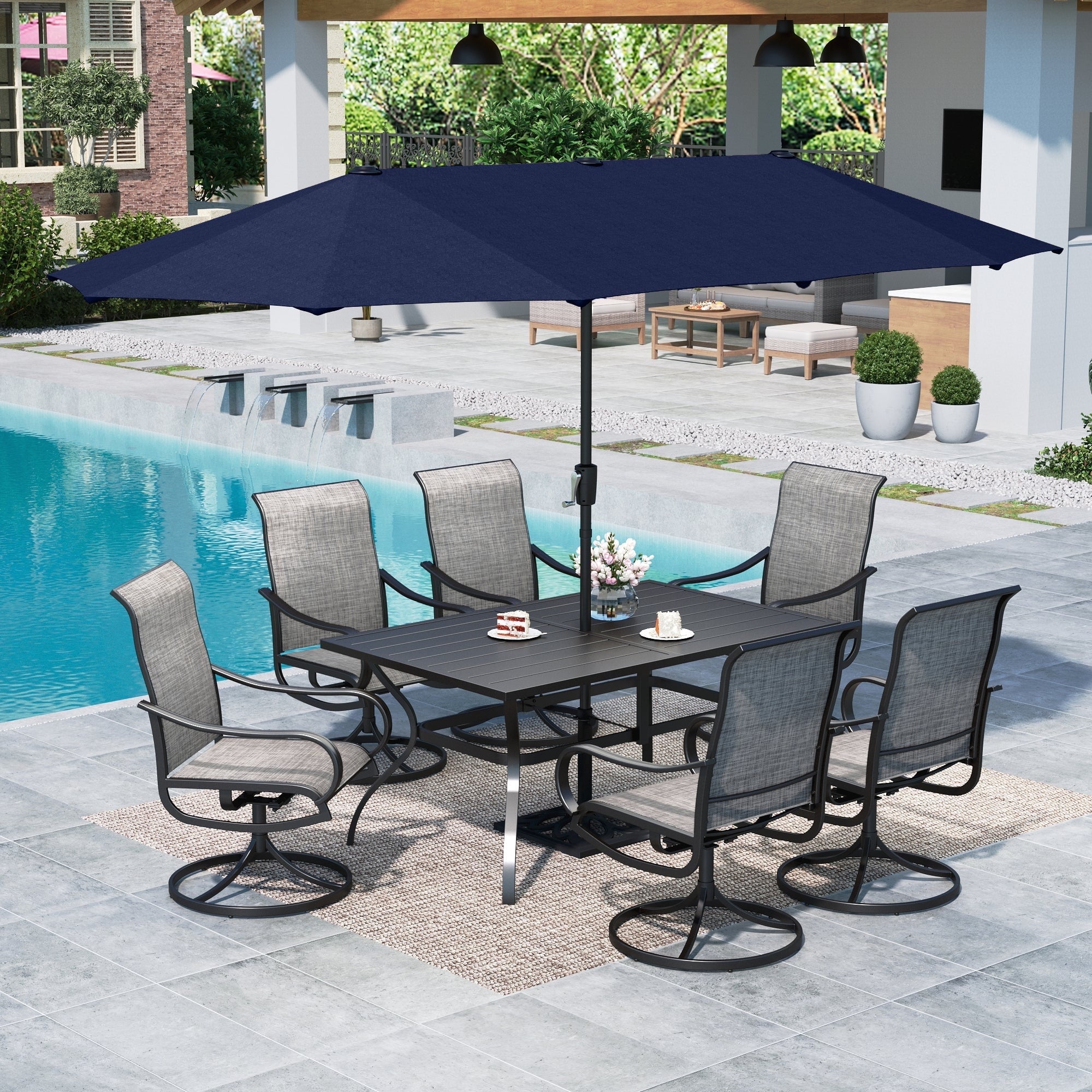 Summit Living 8-Piece Patio Dining Set with 13ft Umbrella, 6 Swivel Chairs & Large Metal Table