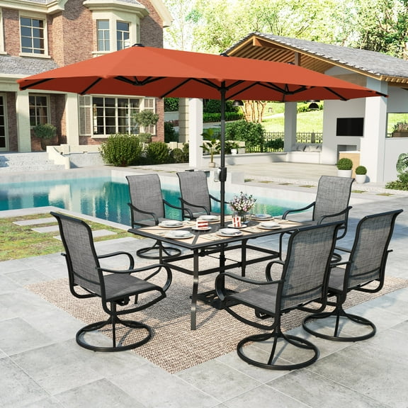 Summit Living 8-Piece Outdoor Patio Dining Set with 13ft Red Patio Umbrella, Swivel Textilene Chair & Wood-like Top Table, Black & Brown-gray