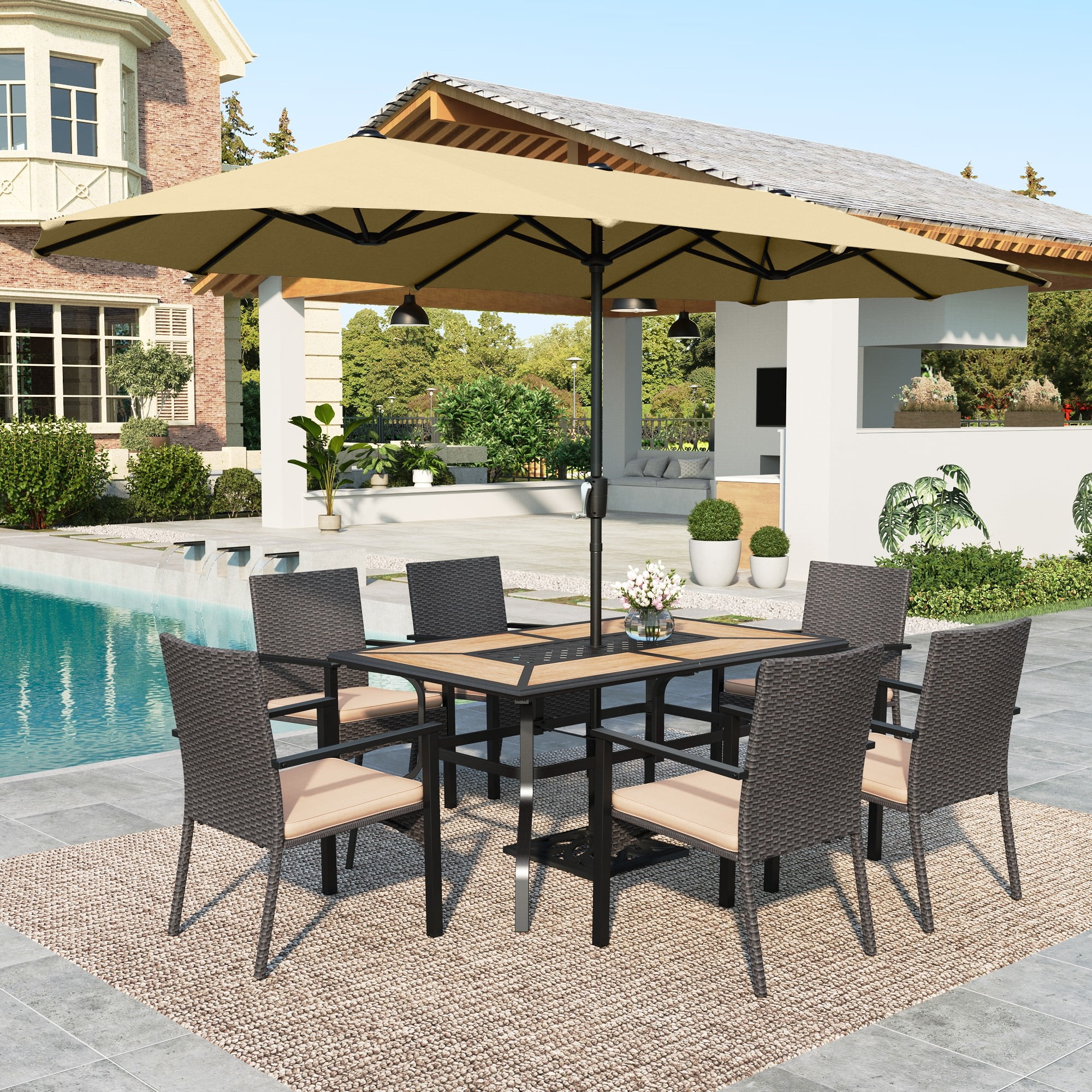 Walmart discount codes: Summit Living 8-Piece Outdoor Patio Set with 13ft Beige Patio Umbrella,Rectangle Table and Wicker Chairs for 6