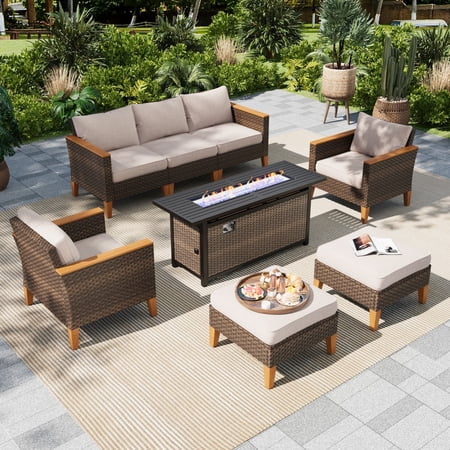 Summit Living 8 Pieces Outdoor Patio Furniture Set with 56-Inch Fire Pit Table Wicker Patio Conversation Set, Beige