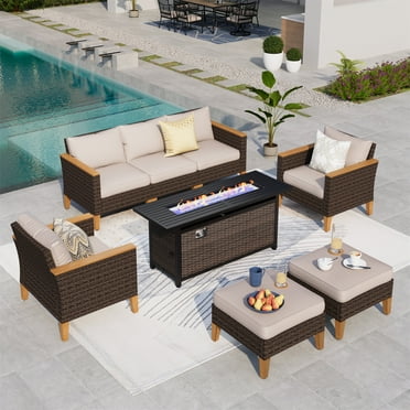 Summit Living 8 Pieces Outdoor Patio Furniture Set with 56-Inch Fire Pit Table Wicker Patio Conversation Set, Beige