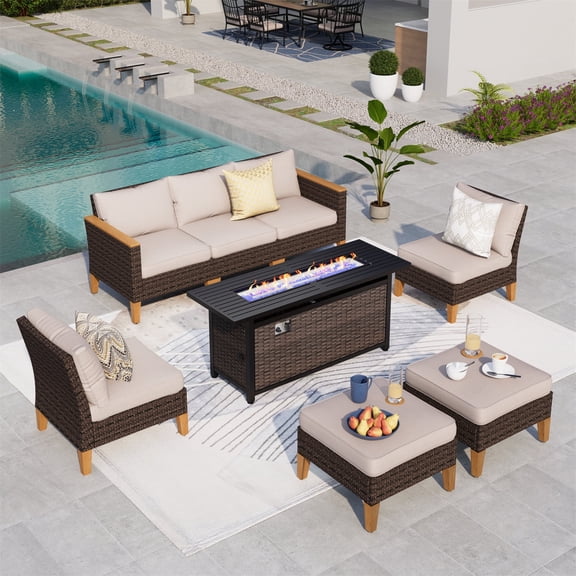 Summit Living 8 Pieces Outdoor Patio Furniture Set with 56-Inch Fire Pit Table Wicker Patio Conversation Set, Beige