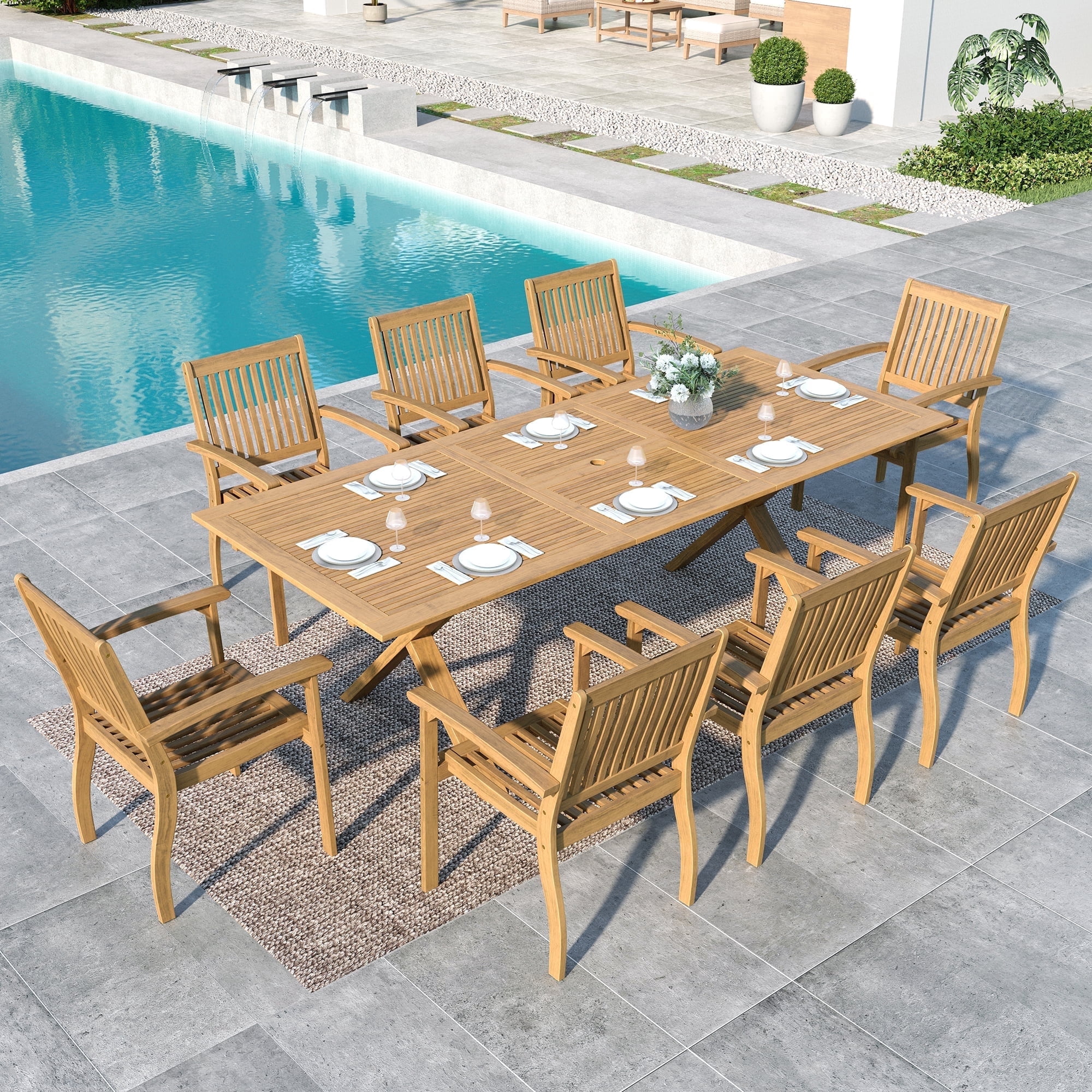 SUMMIT LIVING 9-Piece Acacia Wood Outdoor Patio Dining Set with 8 Wooden Chairs & 1 Expandable Wooden Dining Table with Umbrella Hole for 8 Person