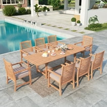Summit Living 9-Piece Acacia Wood Outdoor Patio Dining Set with 8 Wooden Chairs with Cushions & 1 Expandable Teak Dining Table for 6-8 Person