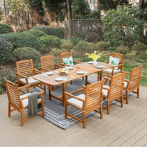 Summit Living 9-Piece Acacia Wood Outdoor Patio Dining Set with 8 Wooden Chairs with Cushions & 1 Expandable Teak Dining Table for 6-8 Person