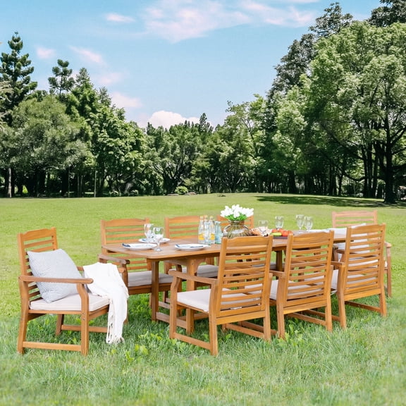 SUMMIT LIVING 9-Piece Acacia Wood Outdoor Patio Dining Set with 8 Wooden Chairs with Cushions & 1 Expandable Wooden Dining Table for 8 Person