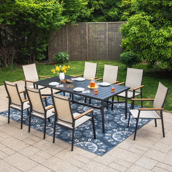 SUMMIT LIVING 9-Piece Outdoor Patio Dining Set, 83" Large Rectangle Patio Table with Umbrella Hole and Stacking Aluminum Textilene Chairs, Beige