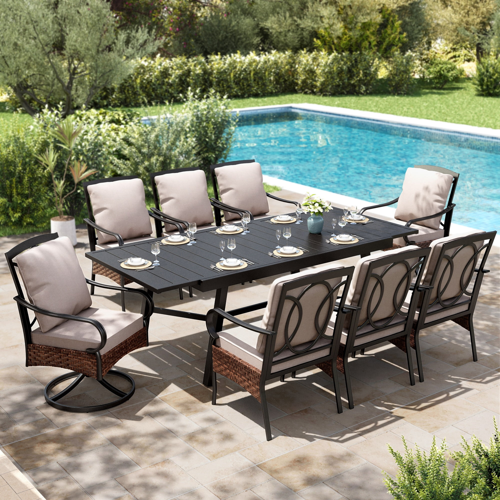 SUMMIT LIVING 9-Piece Outdoor Patio Dining Set, Extendable Patio Table and Chairs(2 Swivel, 6 Dining Chairs) with Cushions, Beige