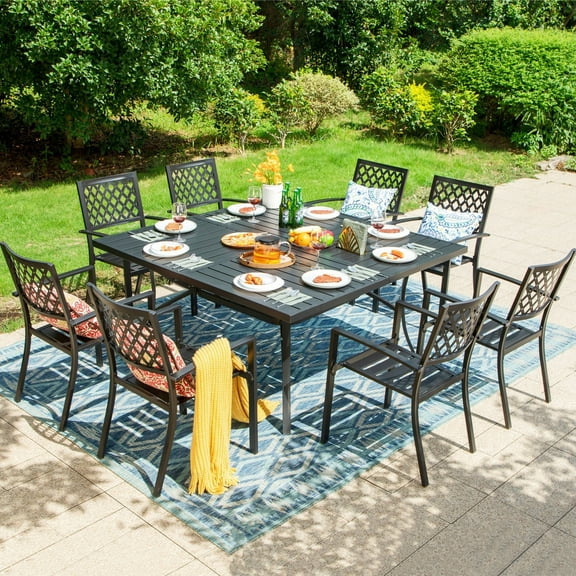 Summit Living 9-Piece Outdoor Dining Set for 8-Person, Stack-able Chairs & Large Square Table, Black