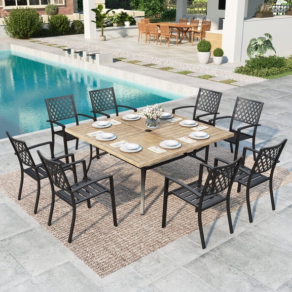 9-Piece Outdoor Patio Dining Set with Stack-able Chairs & Large Wood Grained Table for 8 People, All Weather Metal Steel, Black