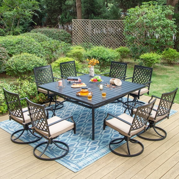 Summit Living 9-Piece Outdoor Dining Set with 8-Seat Table & Swivel Cushioned Chairs with, All-Weather Metal Furniture, Black & Beige