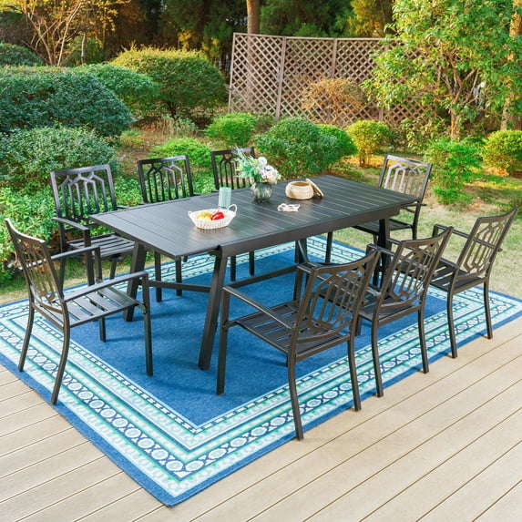 Summit Living 9-Piece Outdoor Dining Set with Extendable Table for 8-Person, All-Weather Metal Furniture, Black