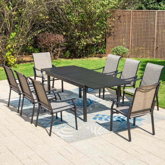 SUMMIT LIVING 9-Piece Outdoor Patio Dining Set, Expandable Patio Table and Textilene Chairs for 8-Person, Black & Gray Brown