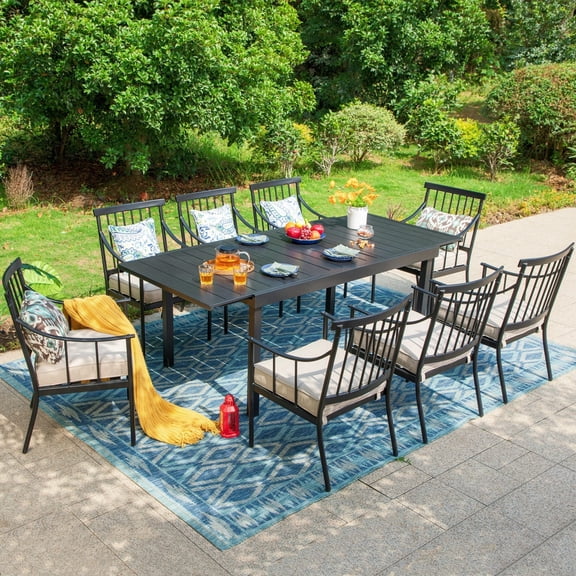 Summit Living 9-Piece Outdoor Dining Set with Large Extendable Table & Cushioned Chairs for 8-Person, Black & Beige