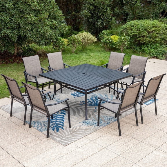 SUMMIT LIVING 9-Piece Outdoor Patio Dining Set, Square Patio Table and Textilene Chairs for 8-Person, Black & Gray Brown