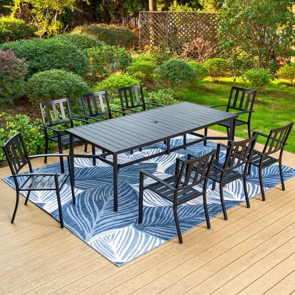 Summit Living 9-Piece Outdoor Dining Set with Stacking Chairs & 8-Person Table, All-Weather Metal Steel Patio Furniture, Black