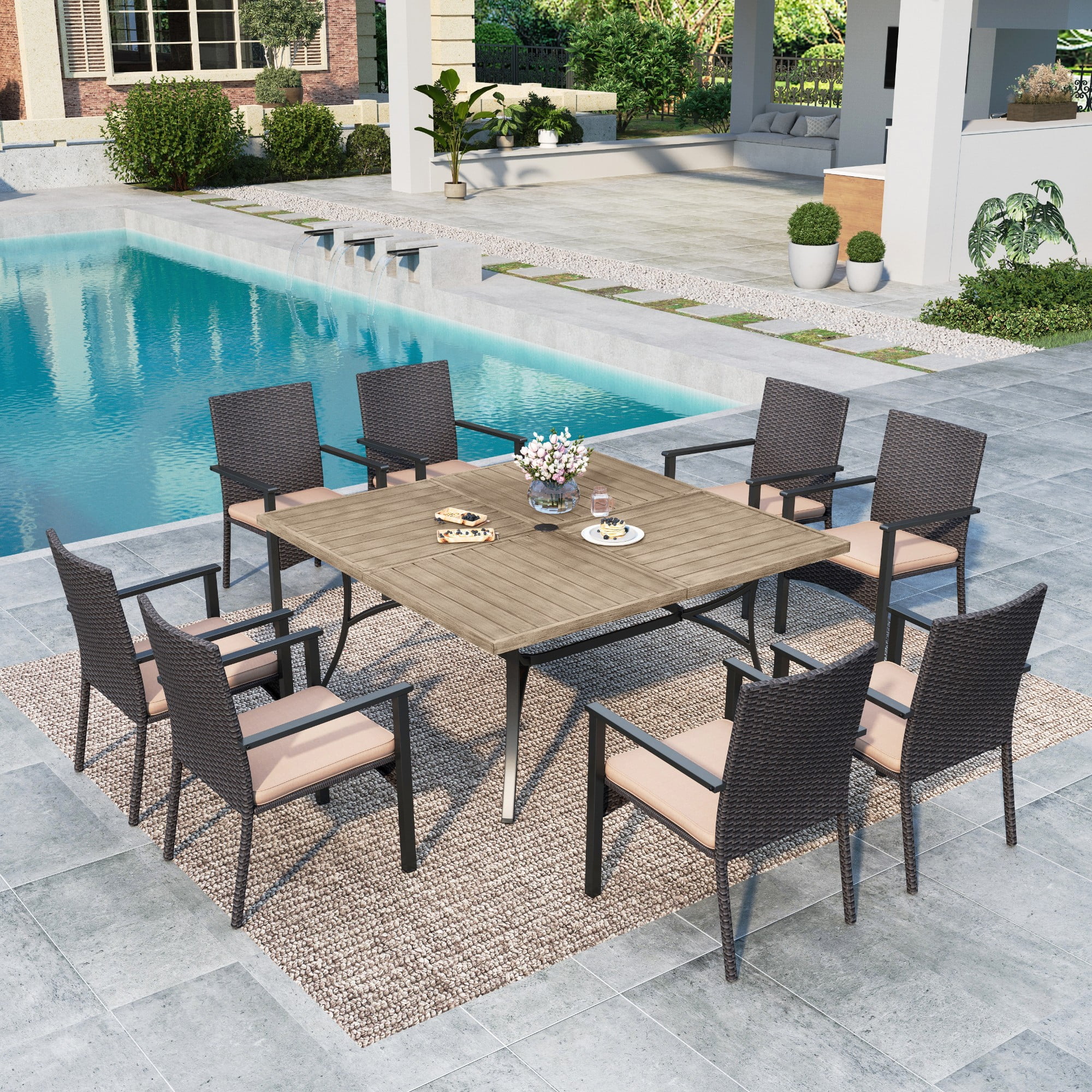 Summit Living 9 Piece Outdoor Dining Set with Wood Grain Table Wicker Cushioned Chairs for 8 Person Black Beige