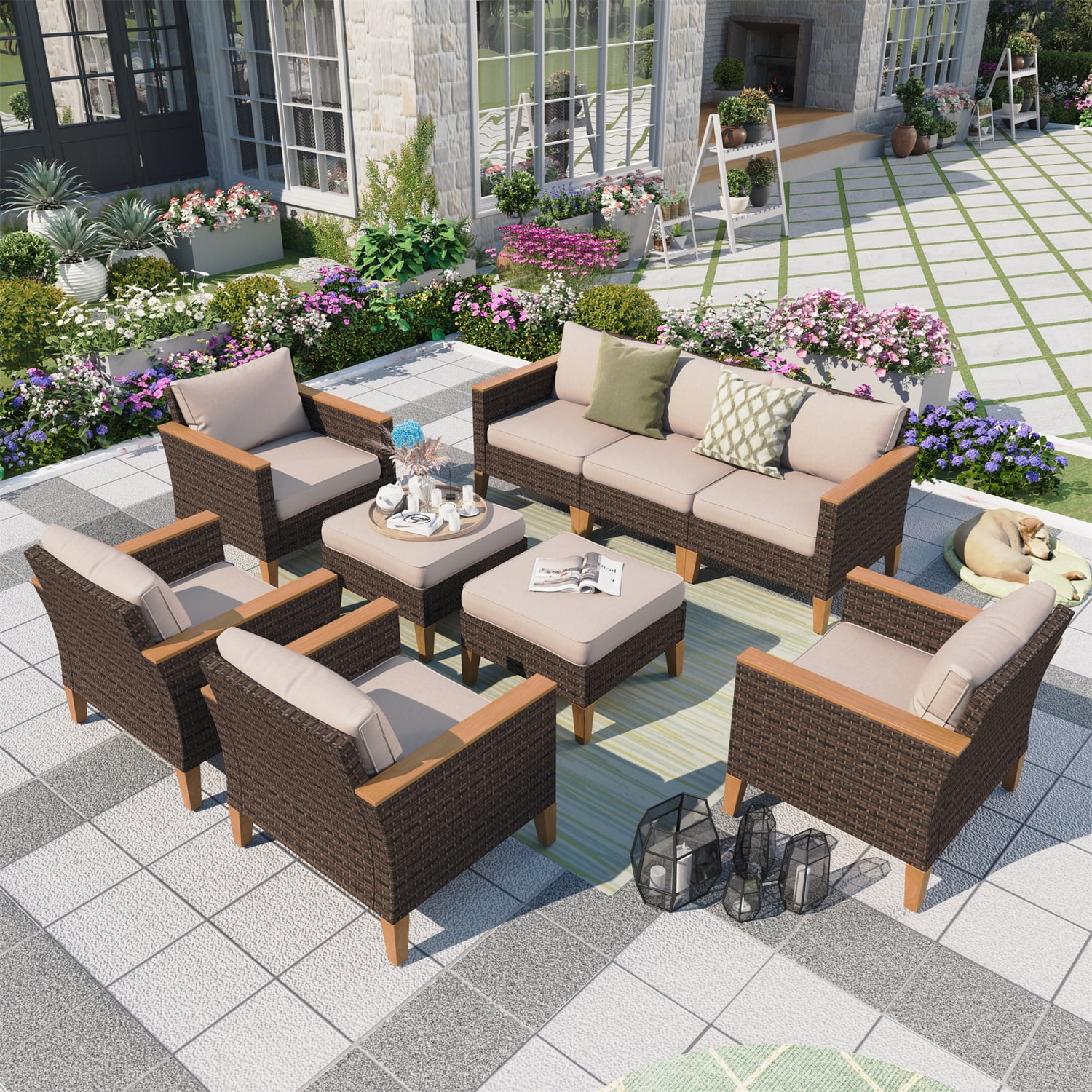 Summit Living 9 Piece Outdoor Patio Conversation Set Outdoor Furniture Sectional Wicker Sofa Set with Beige Cushions