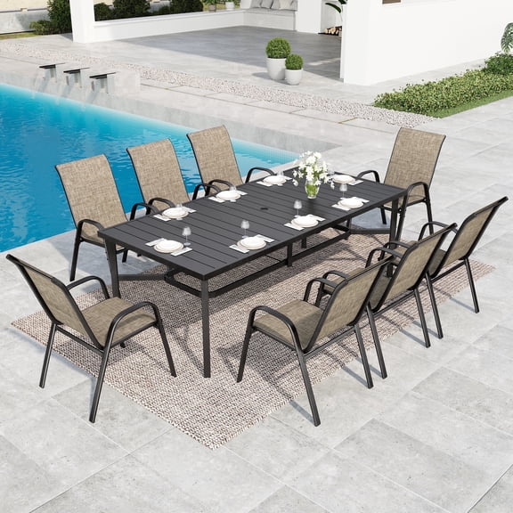 SUMMIT LIVING 9-Piece Outdoor Patio Dining Set, 8 Stackable Textilene Chairs (Weight Capacity 350 lbs) and Metal Steel Table with Umbrella Hole, Black & Grayish-brown