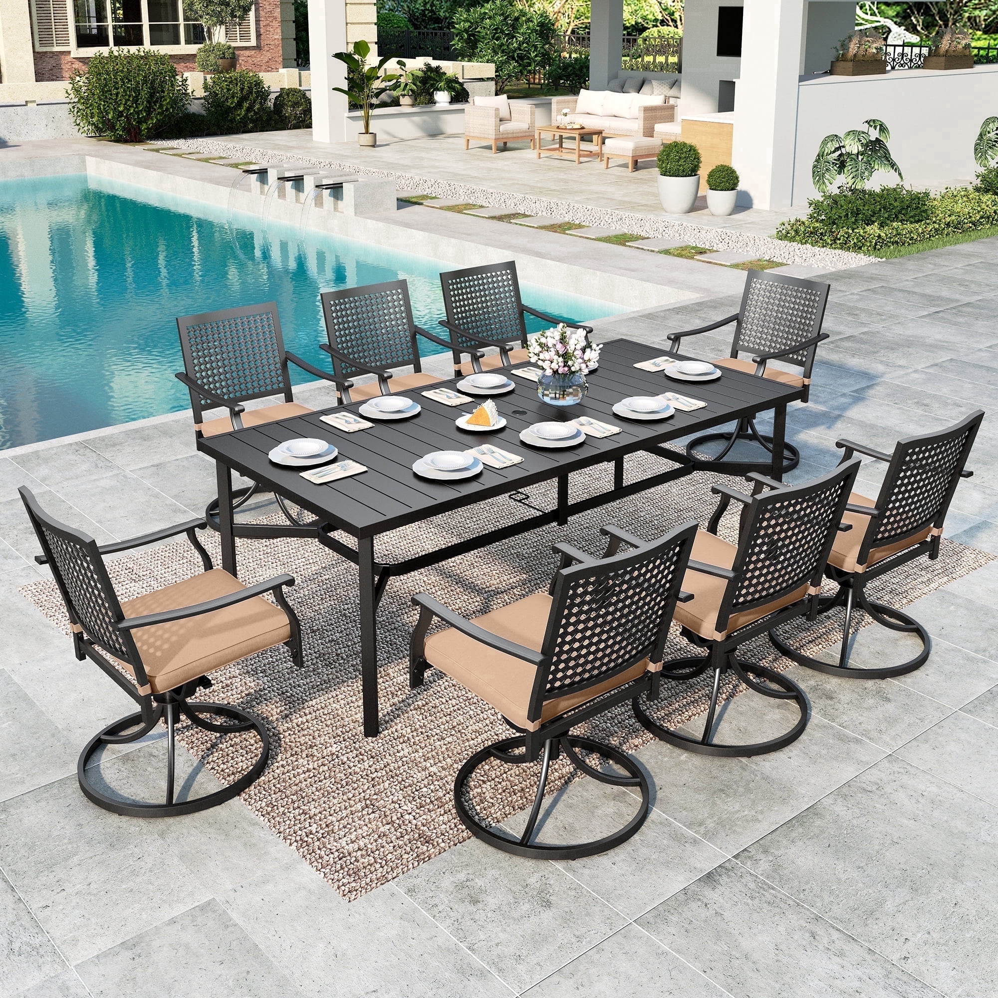 9 piece resin wicker patio dining set with umbrella COSTWAY 9-Piece for 8, Outdoor Rattan Table and Chairs Furniture Set Hole, Acacia Wood Tabletop for Backyard, Balcony, Poolside, Grey & White : Patio, Lawn inch umbrella holes 9-Piece Outdoor Patio Dining Set
