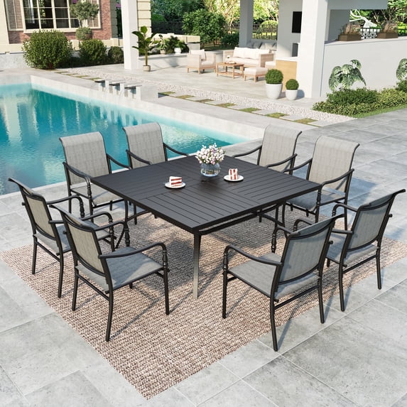 SUMMIT LIVING 9-Piece Outdoor Patio Dining Set, 60" Square Patio Table and High-Back Textilene Chairs(350 lbs Capacity), Patio Dining Furniture for 9, Black & Brown-Gray