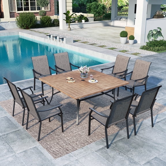 SUMMIT LIVING 9-Piece Outdoor Patio Dining Set with Large Wood-Grain Square Table & 350 LBS Capacity Textilene Chairs for 8-Person, Black & Gray Brown