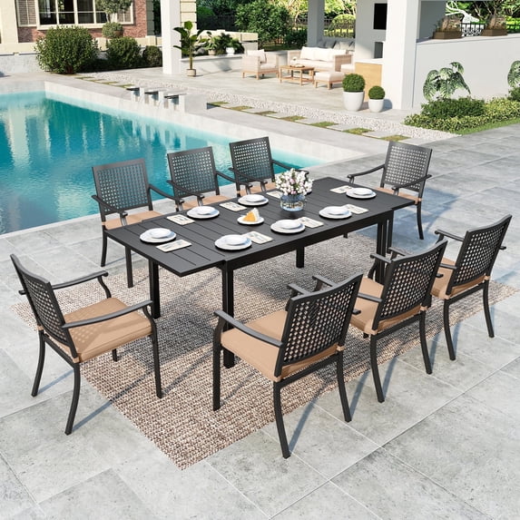 SUMMIT LIVING 9-Piece Outdoor Patio Dining Set, Metal Steel Stackable Chairs with Cushions & Extandable Rectangle Table for 8 Person, Black & Brown