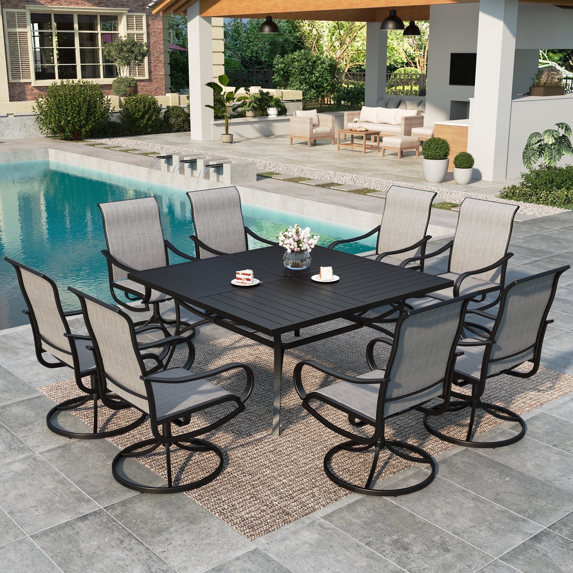 home depot patio chairs and table umbrella PHI VILLA 7pc Dining Set with Umbrella, Swivel Wicker Ergonomic back support and curved smooth arms enables users to feel no fatigue after a long time sitting on these chairs Patio Furniture Home Depot Picnic