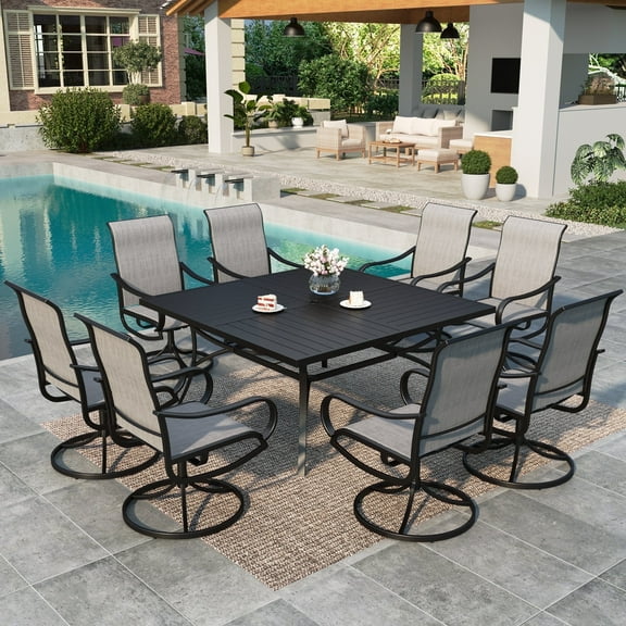 MF Studio 9-Piece Outdoor Patio Dining Set with Swivel High Back Textilene Chair & 60" Large Square Metal Table with Umbrella Hole for 8 Person, Black & Gray