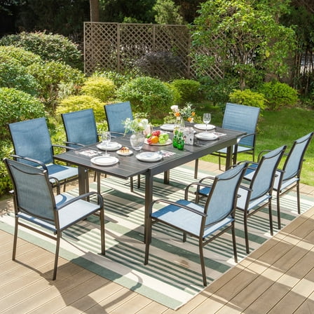 Summit Living 9-Piece Outdoor Patio Dining Set with 1 Expandable Rectangular Steel Table & 8 Textilene Chairs, Black & Blue