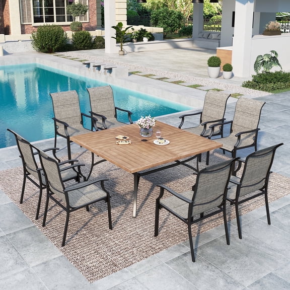 Summit Living 9-Piece Outdoor Patio Dining Set with 60" Metal Steel Square Table with Umbrella Hole & High-Back Textilene Chairs for 8-Person, Black & Tan