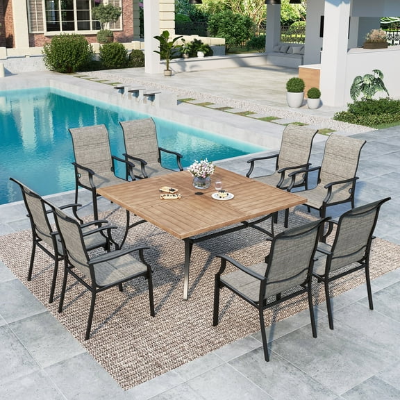 Summit Living 9-Piece Outdoor Patio Dining Set with 60" Metal Steel Square Table with Umbrella Hole & High-Back Textilene Chairs for 8-Person, Black & Tan
