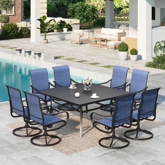 SUMMIT LIVING 9-Piece Outdoor Patio Dining Set with 8 PCS Patio Swivel Textilene Chairs & 1 PC Large Square Table, Black & Blue