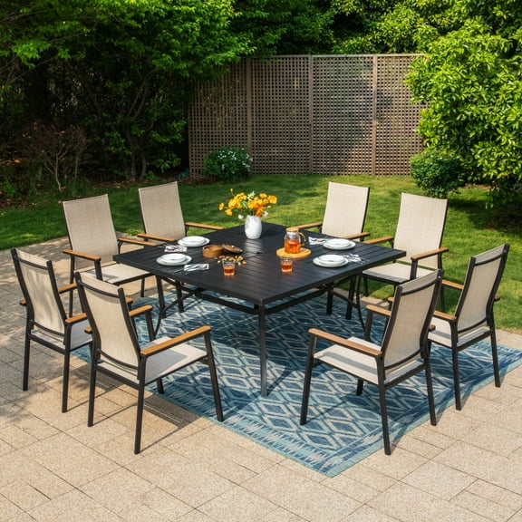 Summit Living 9-Piece Outdoor Patio Dining Set with 8 Stackable Beige Aluminum Armchairs & 1 Black Metal Steel Square Table with Umbrella Hole