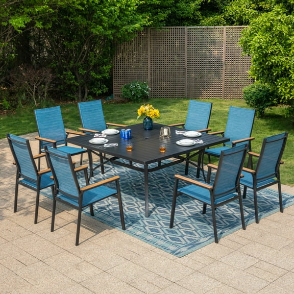 Summit Living 9-Piece Outdoor Patio Dining Set with 8 Stackable Blue Aluminum Armchairs & 1 Black Metal Steel Square Table with Umbrella Hole