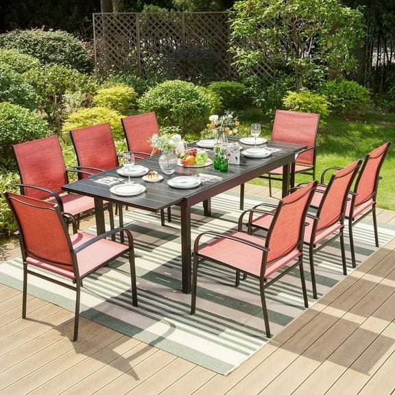 Summit Living 9-Piece Outdoor Patio Dining Set with Large Extandable Table & Textilene Chairs for 8-Person, Black & Red