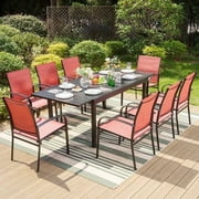 SUMMIT LIVING 9-Piece Outdoor Patio Dining Set with Large Extandable Table & Textilene Chairs for 8-Person, Black & Red