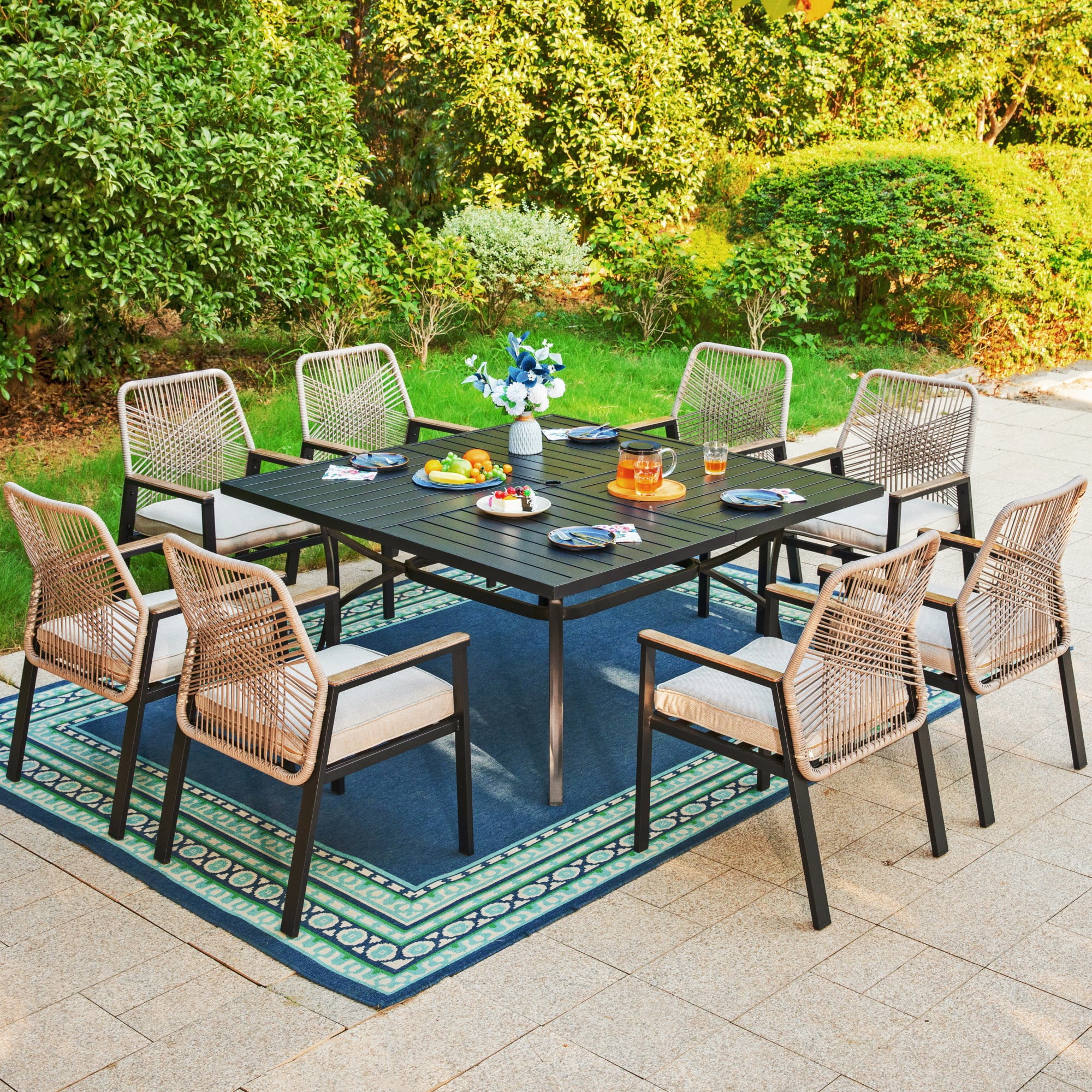 Walmart discount codes: Summit Living 9-Piece Outdoor Patio Dining Set with Large Square Table & 8 Cushioned Rattan Chairs, Black and Beige