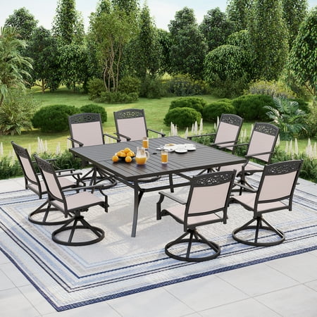 Summit Living 9 Pieces Aluminum Outdoor Patio Dining Set with 8 Aluminum Swivel Chairs and 1 Metal Steel Table,Black&Beige