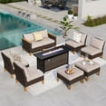 thumbnail image 1 of Summit Living 9 Pieces Outdoor Patio Furniture Set with 56-Inch Fire Pit Table Wicker Patio Conversation Set, Beige, 1 of 10
