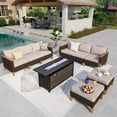thumbnail image 1 of Summit Living 9 Pieces Outdoor Patio Furniture Set with 56-Inch Fire Pit Table Wicker Patio Conversation Set, Beige, 1 of 10
