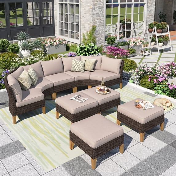 Summit Living 9 Pieces Patio Conversation Set Wicker Outdoor Furniture set Half-Moon Curved Sectional Sofa Set, Beige