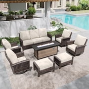 SUMMIT LIVING 9-Seat Patio Furniture Set with 56" Gas Fire Pit Table 50,000 BTU, Wicker Sectional Outdoor Conversation Set with Swivels Chairs, Beige