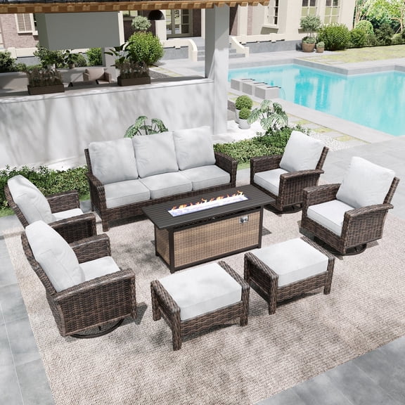 SUMMIT LIVING 9-Seat Patio Furniture Set with 56" Gas Fire Pit Table (50,000 BTU), Wicker Sectional Outdoor Conversation Set with Swivels Chairs, Light-gray