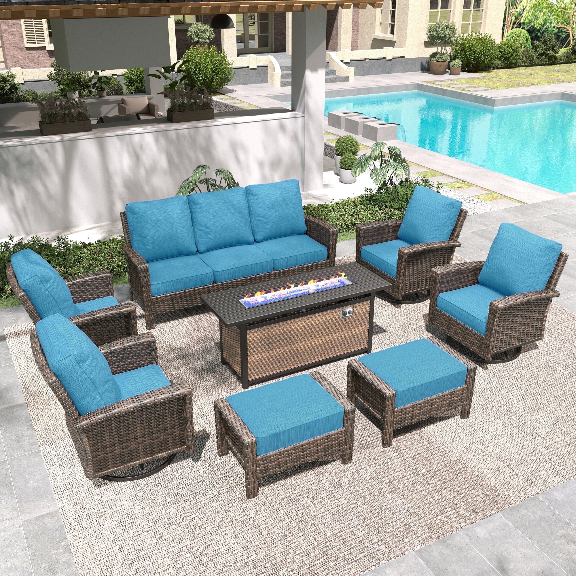 SUMMIT LIVING 9-Seat Patio Furniture Set with 56" Gas Fire Pit Table (50,000 BTU), Wicker Sectional  Outdoor Conversation Set with Swivels Chairs, Peacock-blue