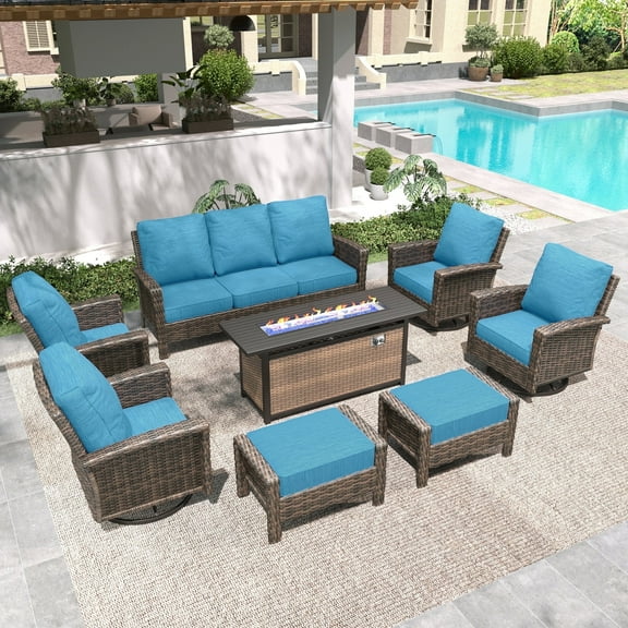 Summit Living 9-Seat Patio Furniture Set with 56" Gas Fire Pit Table (50,000 BTU), Wicker Sectional  Outdoor Conversation Set with Swivels Chairs, Peacock-blue