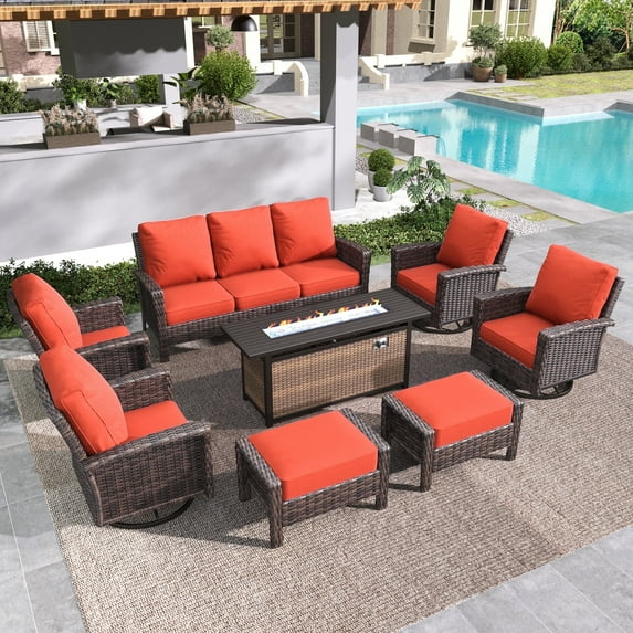 Summit Living 9-Seat Patio Furniture Set with 56" Gas Fire Pit Table (50,000 BTU), Wicker Sectional Outdoor Conversation Set with Swivels Chairs, Red