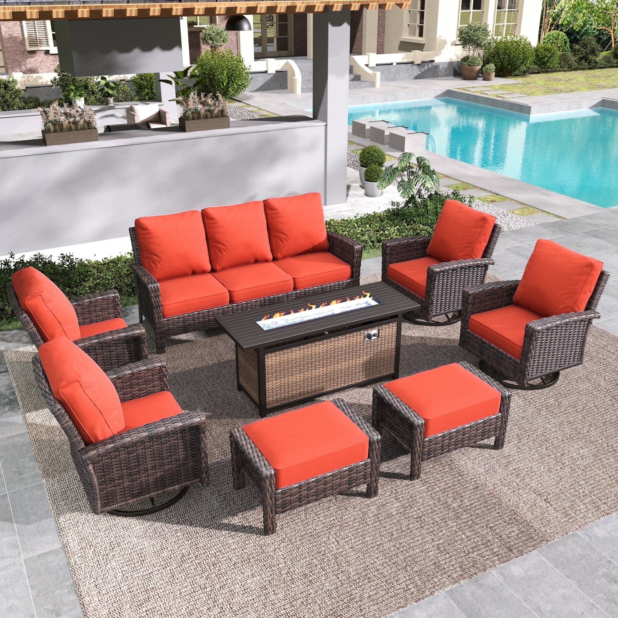 SUMMIT LIVING 9-Seat Patio Furniture Set with 56" Gas Fire Pit Table (50,000 BTU), Wicker Sectional  Outdoor Conversation Set with Swivels Chairs, Red