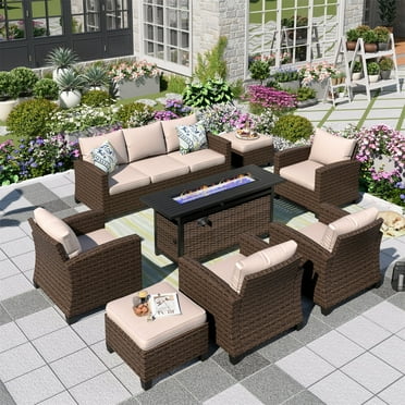 Summit Living 9-Seat Outdoor Patio Furniture Set with Fire Pit Wicker Patio Conversation Set Beige