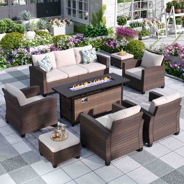MF Studio 9-Seat Outdoor Patio Furniture Set with Fire Pit Wicker Patio Conversation Set Beige
